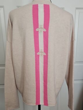 Pink Pineapple Cream Women’s Cashmere Sweater with Pink Stripe Detail Size Large